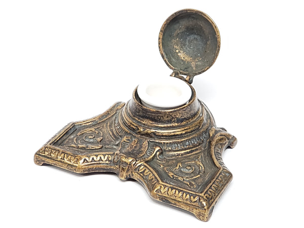Art Deco Brass Inkwell With Porcelain Insert Cup