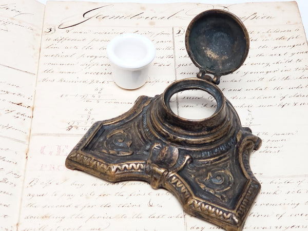 Art Deco Brass Inkwell With Porcelain Insert Cup