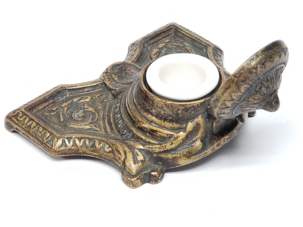 Art Deco Brass Inkwell With Porcelain Insert Cup