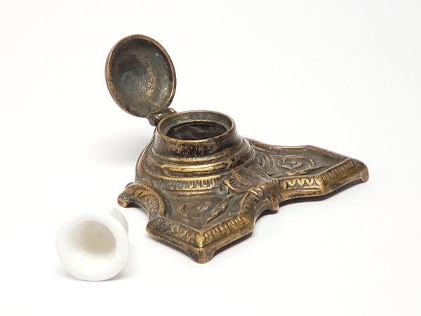 Art Deco Brass Inkwell With Porcelain Insert Cup