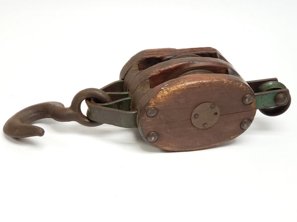 Farmhouse Double Wood Block Barn Pulley w/ Cast Iron Lifting Hook