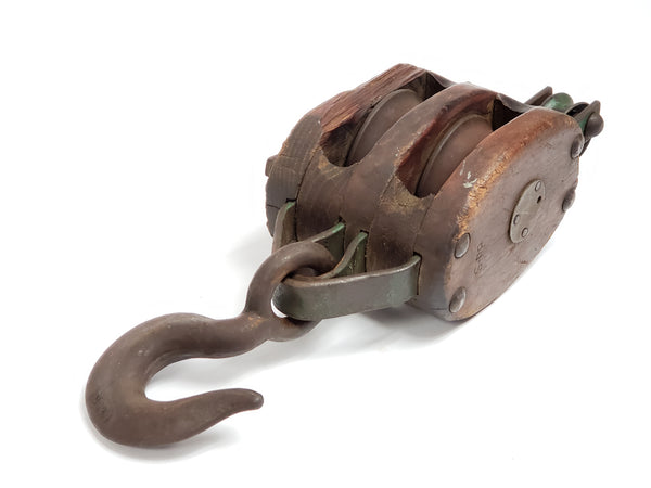 Farmhouse Double Wood Block Barn Pulley w/ Cast Iron Lifting Hook