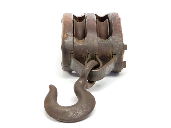 Farmhouse Double Wood Block Barn Pulley w/ Cast Iron Lifting Hook
