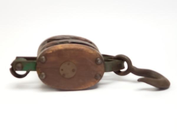 Farmhouse Double Wood Block Barn Pulley w/ Cast Iron Lifting Hook