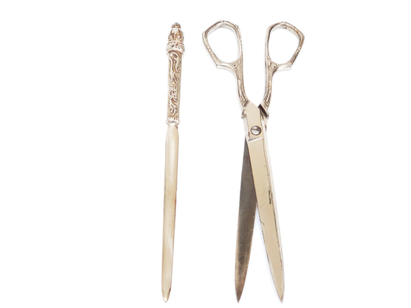 Decorative Letter Opener & Scissors Desk Set With Original Case