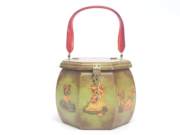 Unique Mid Century Octagon Box Purse - Decoupage Mice "Mouse House" w/ Lucite Handle