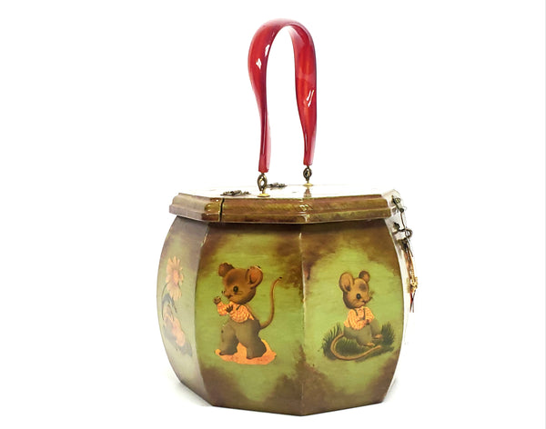 Unique Mid Century Octagon Box Purse - Decoupage Mice "Mouse House" w/ Lucite Handle