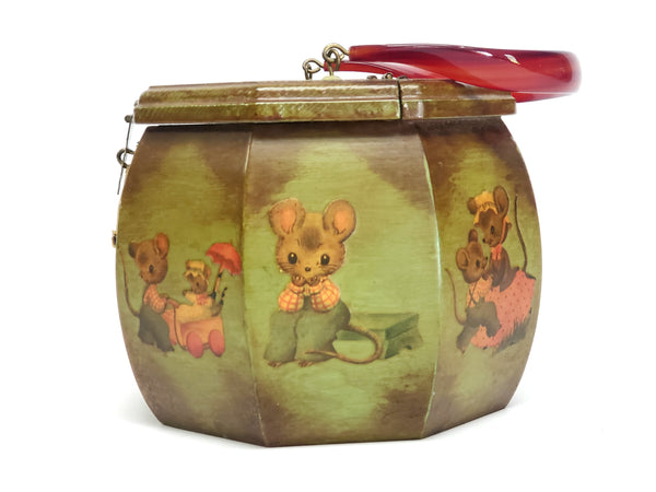 Unique Mid Century Octagon Box Purse - Decoupage Mice "Mouse House" w/ Lucite Handle