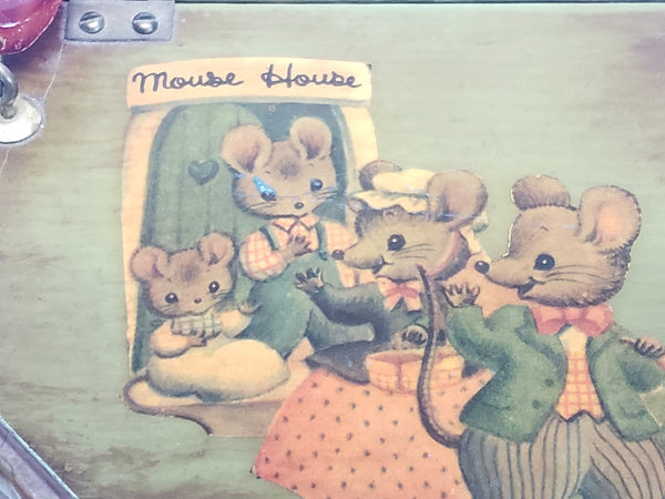 Unique Mid Century Octagon Box Purse - Decoupage Mice "Mouse House" w/ Lucite Handle