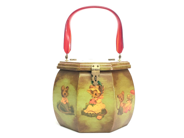 Unique Mid Century Octagon Box Purse - Decoupage Mice "Mouse House" With Lucite Handle