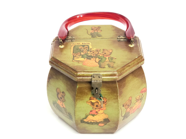 Unique Mid Century Octagon Box Purse - Decoupage Mice "Mouse House" w/ Lucite Handle