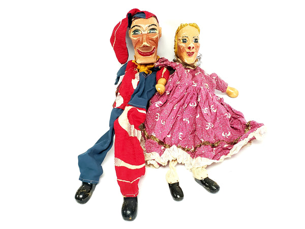 Vintage Punch and Judy Wooden Carved Hand Puppets