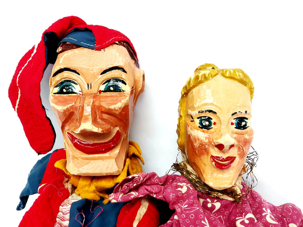 Vintage Punch & Judy Wooden Carved Hand Puppets Made in Germany