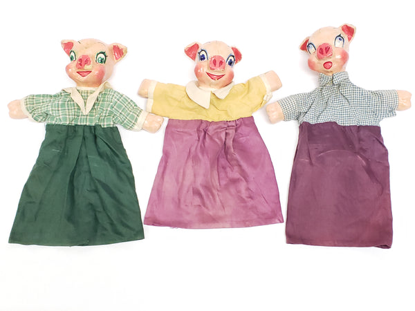 Rare Papier Mache "Three Little Pigs" Hand Puppets - WPA Museum Extension Project