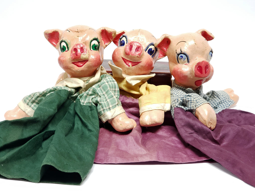 Rare 1930's Paper Mache "Three Little Pigs" Hand Puppets - WPA Museum Extension Project