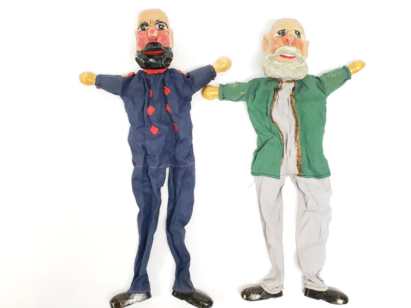  Vintage Carved Wooden Hand Puppets "Two Bearded German Men" Made in Germany
