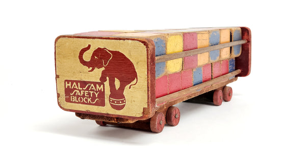 Mid-Century 32 Toy Wooden Blocks w/ Push Cart by Halsam