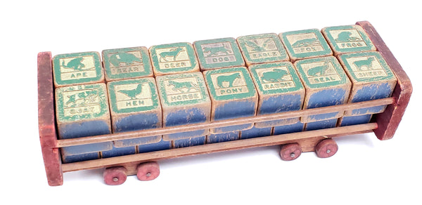 Mid-Century 32 Wooden Blocks with Push Cart by Halsam
