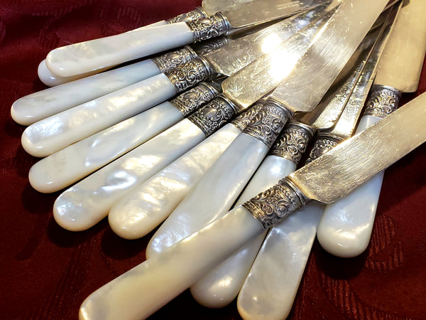 Mother-of-Pearl & Sterling Silver Banded Luncheon Knives Set of 12 By S. Kind & Sons - Early 1900's