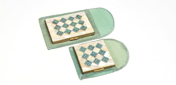 Mid-Century Mother of Pearl & Aqua Rhinestone Compact Cases - by Elgin American, Signed