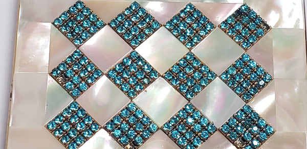 Mother of Pearl & Aqua Rhinestone Compact Cases - by Elgin American, Signed