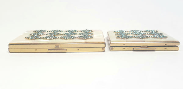 Mother of Pearl & Aqua Rhinestone Compact Cases - by Elgin American, Signed