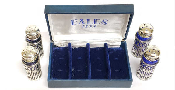Vintage Cobalt Blue & Silverplate Salt & Pepper Shakers in Original Box by Eales