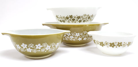 Vintage Pyrex "Spring Blossom" Avocado Green Cinderella Mixing Bowls Set of 4