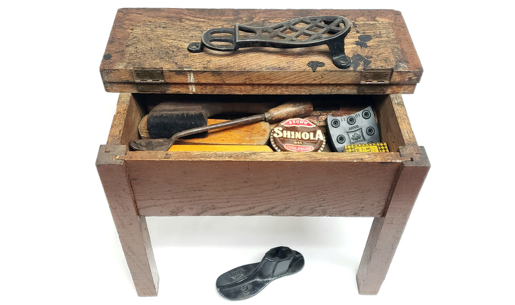 Mid Century Shoe Shine Storage Box Stool w/ Cast Iron Foot Rest & Accessories