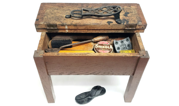 Mid Century Shoe Shine Storage Box Stool w/ Cast Iron Foot Rest & Accessories