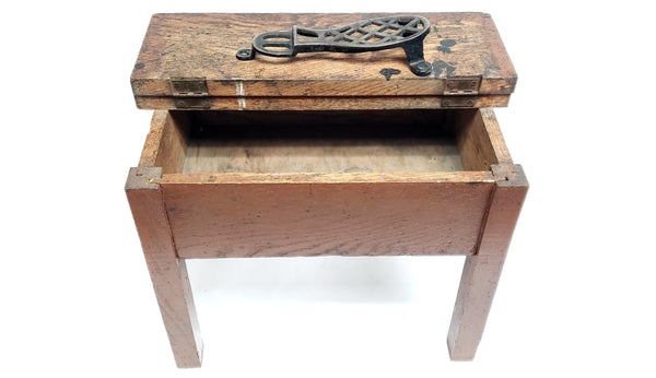 Mid Century Shoe Shine Storage Box Stool w/ Cast Iron Foot Rest & Accessories