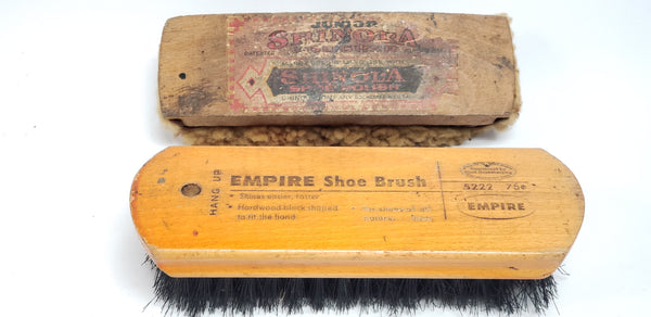 Mid Century Shoe Shine Storage Box Stool w/ Cast Iron Foot Rest & Accessories