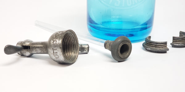 Vintage Etched Aetna Bottling Co. Blue Glass Seltzer Bottle w/ Siphon