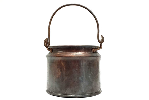 Early Hand-Forged Copper Cauldron Kettle - Dovetail Seam - Iron Bail Handle