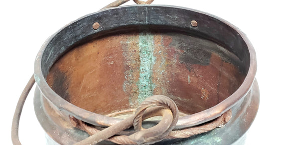 Early Hand-Forged Copper Cauldron Kettle - Dovetail Seam - Iron Bail Handle