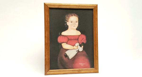 N. Schneeman 1987 Signed Primitive Folk Art Portrait Print of "Girl Holding Doll"