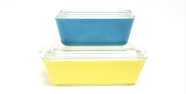 Vintage Pyrex Yellow & Blue Primary Lidded Glass Refrigerator Storage Dishes 500 Series