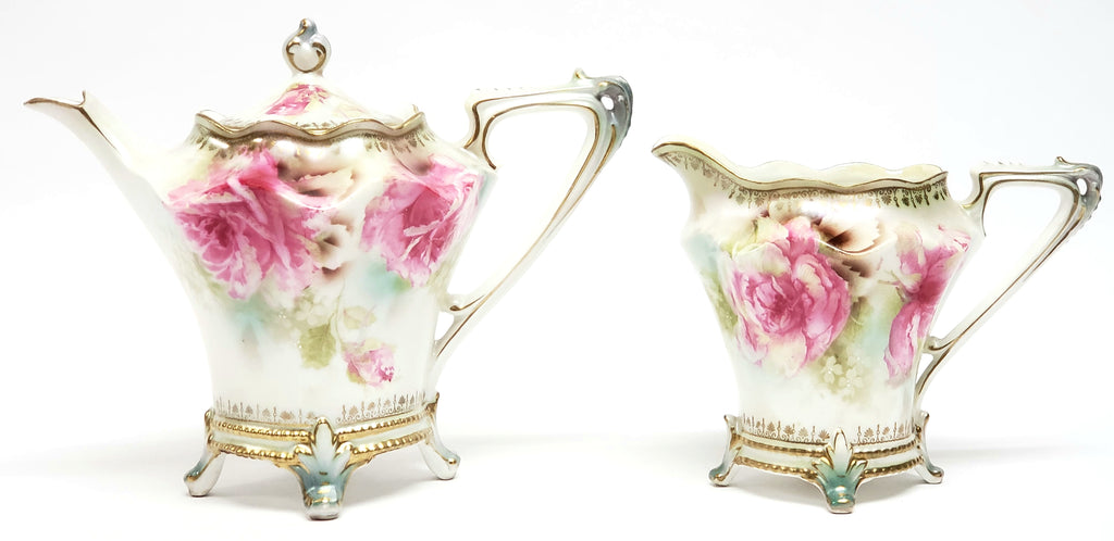 Antique RS Prussia Footed Tea Pot & Creamer Pink Roses Satin Finish - Red Mark