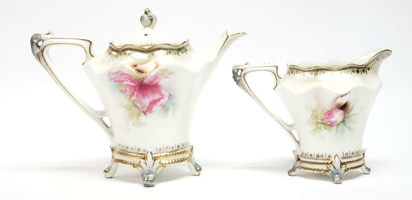 Antique RS Prussia Footed Tea Pot & Creamer Pink Roses Satin Finish - Red Mark