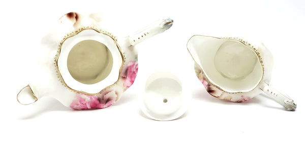 Antique RS Prussia Footed Tea Pot & Creamer Pink Roses Satin Finish - Red Mark