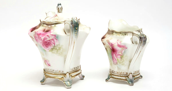 Antique RS Prussia Footed Tea Pot & Creamer Pink Roses Satin Finish - Red Mark