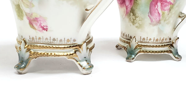 Antique RS Prussia Footed Tea Pot & Creamer Pink Roses Satin Finish - Red Mark