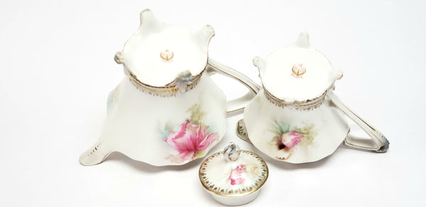 Antique RS Prussia Footed Tea Pot & Creamer Pink Roses Satin Finish - Red Mark