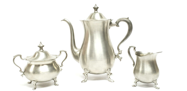 English Pewter Raised Footed 3 Piece Tea Set - Sheffield England by Leonard