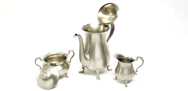 Vintage English Pewter Raised Footed 3 Piece Tea Set - Sheffield England by Leonard