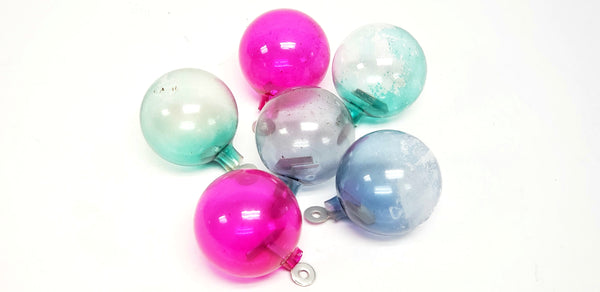 WWII Era Unsilvered Paper Tab Hanging Christmas Ball Ornaments - Pink, Blue & Green