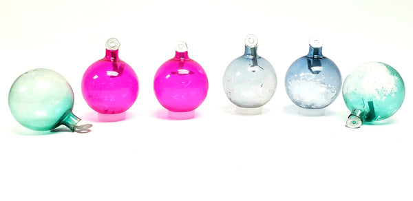 WWII Era Unsilvered Paper Tab Hanging Christmas Ball Ornaments - Pink, Blue & Green