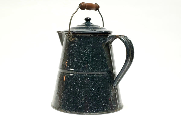 Large 11" Vintage Dark Blue & White Speckled Agate Enamelware Coffee Pot