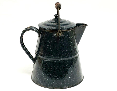 Large Vintage Dark Blue & White Speckled Agate Enamelware Coffee Pot 