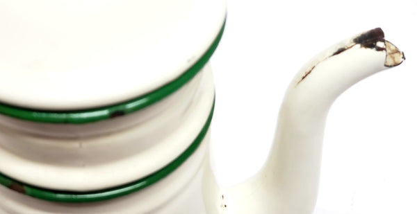 French Enamel Cream w/ Green 4 Piece Biggin Drip Coffee Pot - French Country Accent